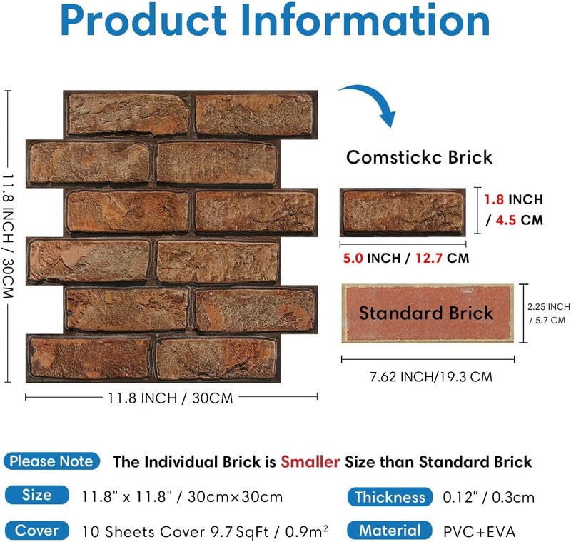 COMSTICKC 3D Reddish Brown Brick Wall Panels Peel and Stick Tiles,10 Pcs of 12"X12",Small Size Thin PVC Fake Brick Self Adhesive Wall Covering Backsplash Interior Decor - Image 4